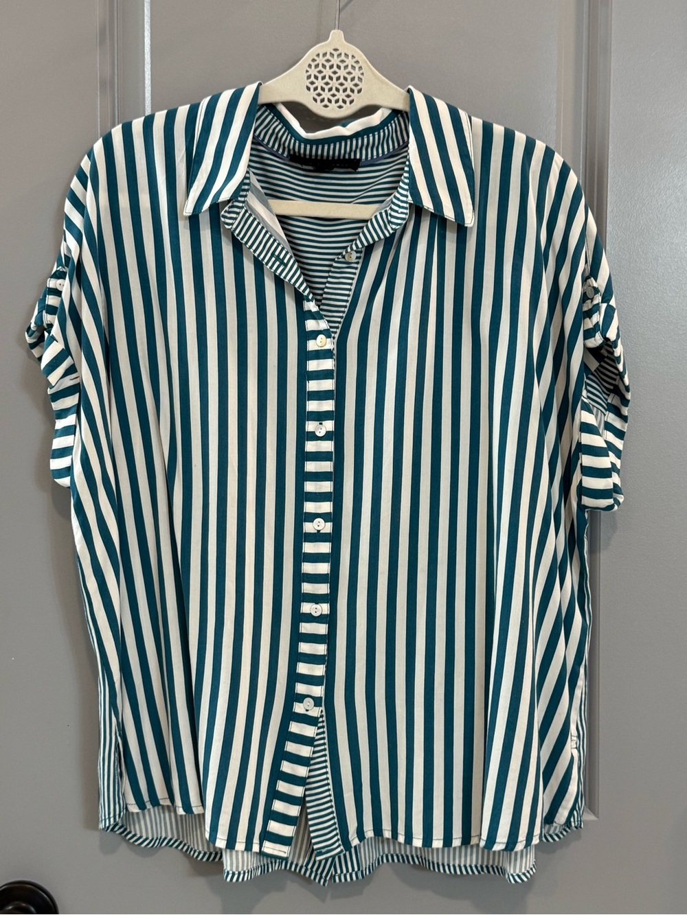 Jane and Delancey Teal & White Vertical Stripe Button-Down Blouse